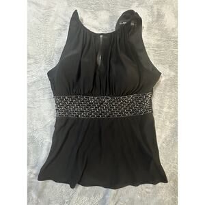 R&M Richards Petite 12P Black Sleeveless Blouse Beaded Waist Formal Top